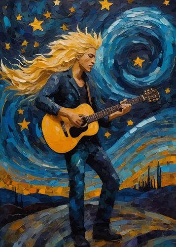 Man speelt akoestische gitaar in abstracte sterrennacht