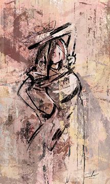 Oeuvre d'art abstraite femme dans les tons rose, jaune et gris
