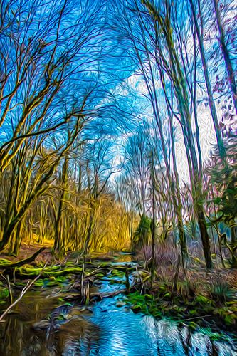 Beek met bomen en struikjes in onaardse kleuren