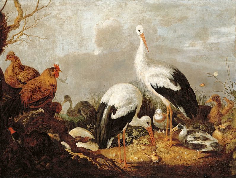 Cigognes, colverts, poulets, un héron, une grenouille et d'autres oiseaux dans un paysage fluvial, M par Bridgeman Masters