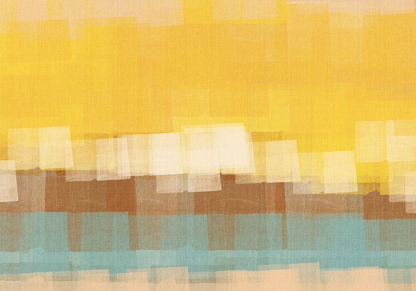 Abstrait en jaune néon, blanc, marron et bleu clair. par Dina Dankers
