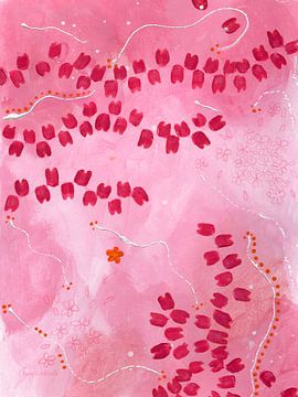 Flow - Peinture abstraite avec guirlandes de fleurs en rose, rouge et orange sur Theda Wiebrands