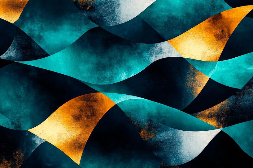 Wellenmuster in Blau und Gold – Abstrakt von Poster Art Shop