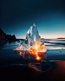 Eiskristall am Strand bei Sonnenaufgang