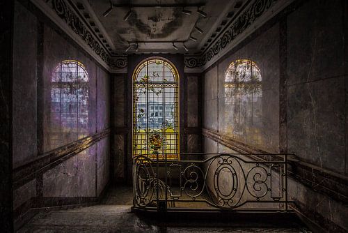 Stairway with stained glass