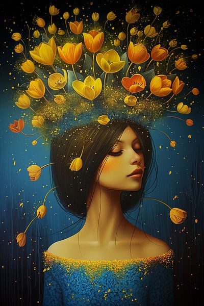 Woman with yellow tulips by ARTemberaubend
