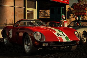 Ferrari 250 GTO uit 1964 bij een oud benzinestation