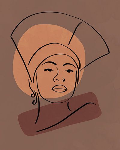 Linienzeichnung einer Frau mit Hut mit zwei organischen Formen in Braun