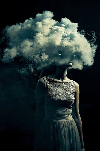 vrouw met hoofd in de wolken