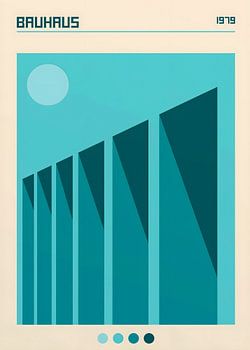 Minimalistisches, geometrisches Poster im Modernismus-Stil mit blaugrünen architektonischen Formen