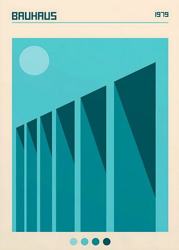 Minimalistisches, geometrisches Poster im Modernismus-Stil mit blaugrünen architektonischen Formen