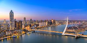 Rotterdam skyline nighttime view at the Erasmusbrug over the New Maas