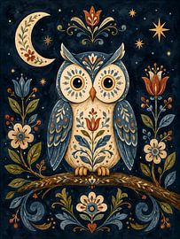 Chouette du folklore scandinave au clair de lune (IA) (sombre, nuit, chambre à coucher, mignon, rêveur)
