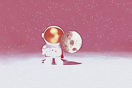 Illustration Astronomie, Weltraummann mit Mond von Senta Bemelman