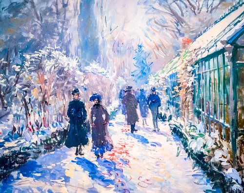 Impressionistische wintertuin met wandelaars