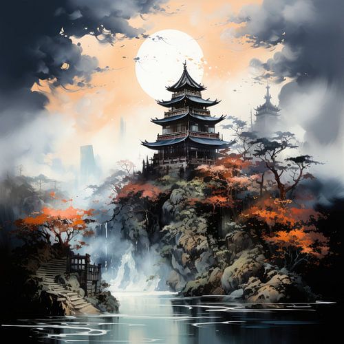 Pagode japonaise au-dessus d'un lac de montagne paisible