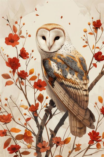 Autumnal Wisdom - Barn Owl amidst Red Blossoms by Eva Lee