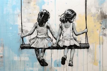 Two Girls on a Swing | Banksy Style Urban Art van Blikvanger Schilderijen