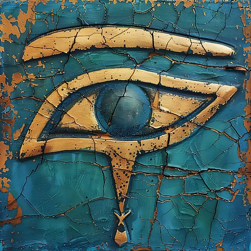 Vintage Egyptisch oog van Ra in goud en blauw