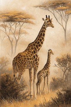 Giraffe en jong in de savanne