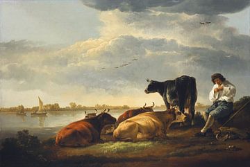 Vaches et bouvier au bord d'une rivière, Albert Cuyp