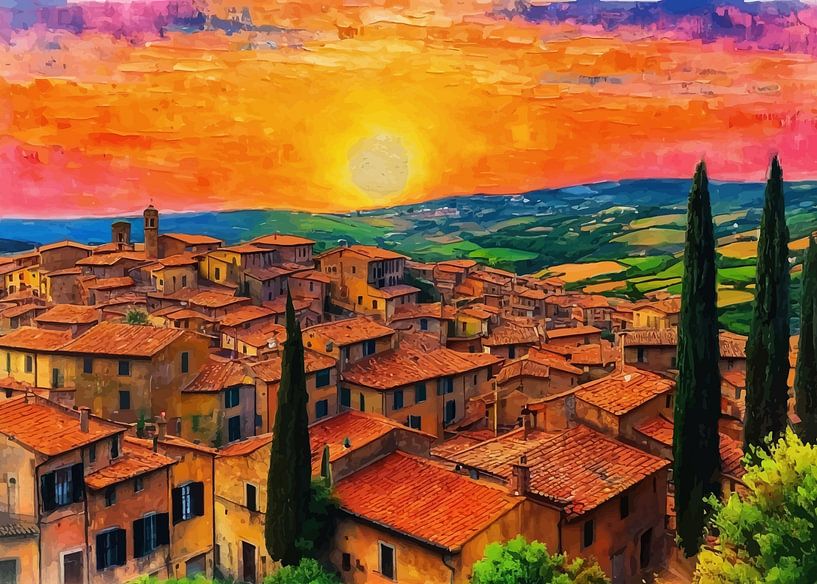 Atemberaubender Blick bei Sonnenuntergang über den Dächern von Volterra von MIROKKU