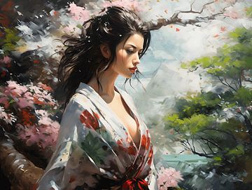 Japanische Geisha im Kimono beim Morgenspaziergang im Garten, Öl von ColorWorldwide
