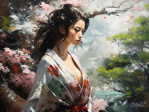 Japanse geisha in kimono maakt een ochtendwandeling in de tuin. Portret. Muurkunst. Digitale Deco Muurkunst. Olie