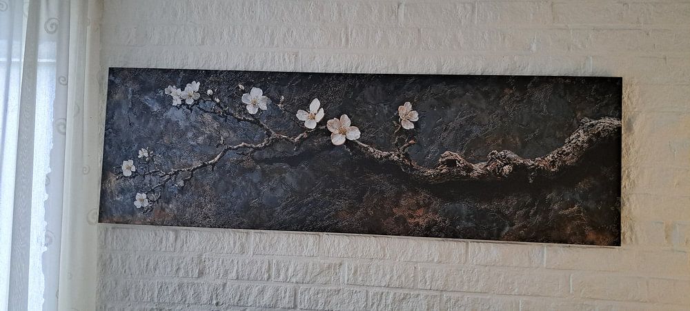 Oud hout bonsai almondbloesem stilleven tak donker panorama  van Digitale Schilderijen 