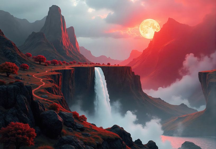 Digitale Landschaft: Wasserfall, Berge und Vollmond von Markus Gann