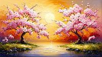 In de magie van de Japanse kersenbloesem - Japanse kersenbomen op stille eilandjes in een kalm meer, verenigd in de gouden gloed van de ondergaande zon