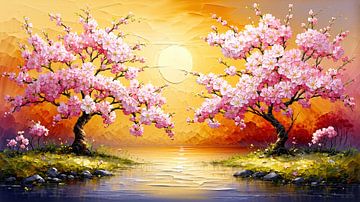In de magie van de Japanse kersenbloesem - Japanse kersenbomen op stille eilandjes in een kalm meer, verenigd in de gouden gloed van de ondergaande zon van AidasignArt