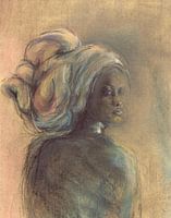 Portret van een Afrikaanse vrouw met hoofdtooi. Handgeschilderd.