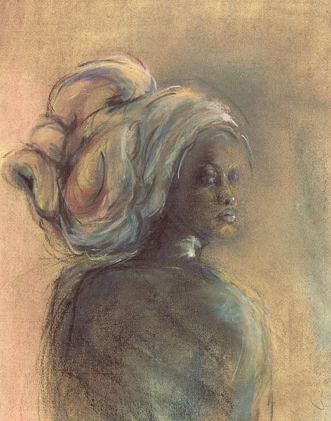 Portrait d'une femme africaine avec une coiffe. Peint à la main. par Ineke de Rijk
