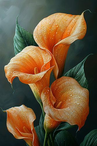 Oranje calla lelies met dauw tegen donkere achtergrond