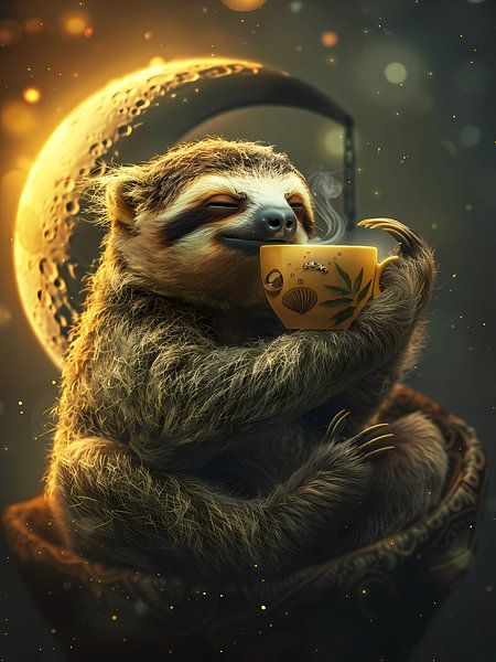 Faultier trinkt Kaffee im Mond von haroulita