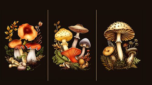 triptych of different mushrooms