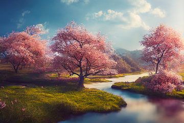 Landschap met rivier en bloeiende kersenbomen die illustratie schilderen van Animaflora PicsStock