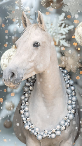 Schimmel met kerstballen – feestelijk paardenportret in zilver