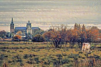 Klassiek schilderij Den Bosch: Sint Jan vanuit het weiland