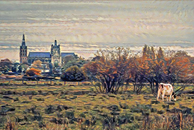 Klassiek schilderij Den Bosch: Sint Jan vanuit het weiland van Slimme Kunst.nl
