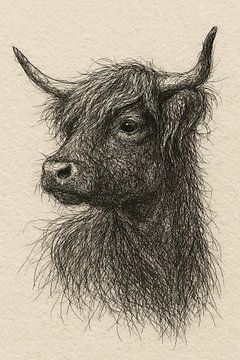 Draad portret Schotse Hooglander (koe hoorns line-art boerderij aards krachtig neutraal)