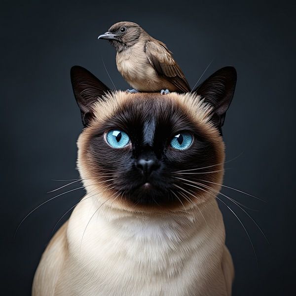 Funny animal portrait of Siamese cat and bird by Vlindertuin-Art