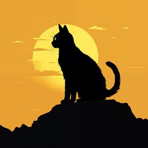 Katze Silhouette auf einem Berg Sonnenuntergang Minimalismus