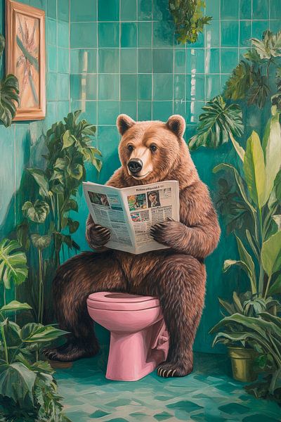 Beer ontspant in de kleurrijke badkamer van Poster Art Shop