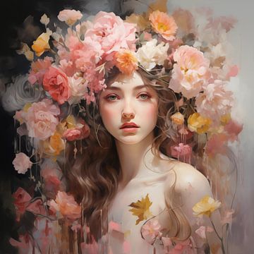 Meisje met bloemen lichte roze kleuren van TheXclusive Art