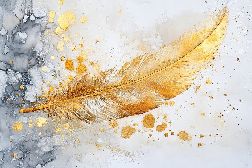 Golden feather on marble background by Imperial Art House