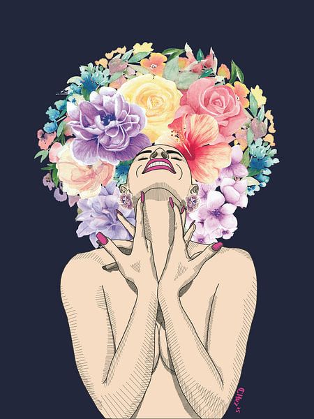 Floral Joy - Nude woman with watercolour flower hair spreading positive energy by Chrz - AquaPixelFusion