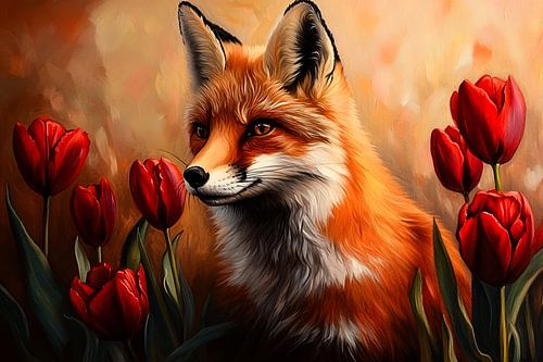 Vos met tulpen in landschap