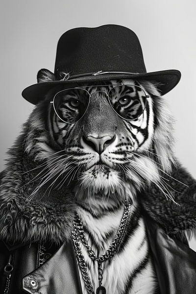 Tijger met pet en zonnebril in zwart en wit van Poster Art Shop